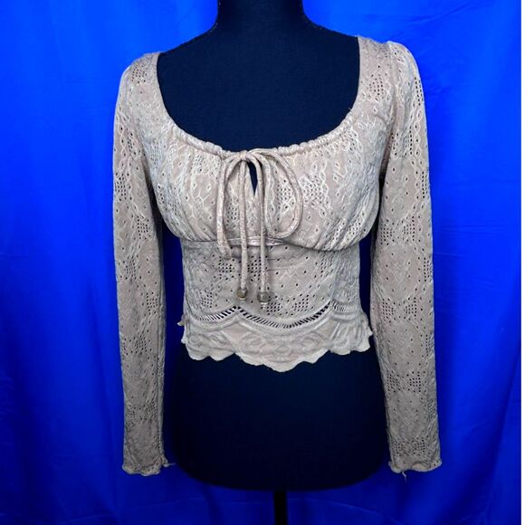 Womens Tan Milkmaid Long Sleeve Crop Top Sz S Cottagecore Peasant Ren Faire Boho - Picture 4 of 9